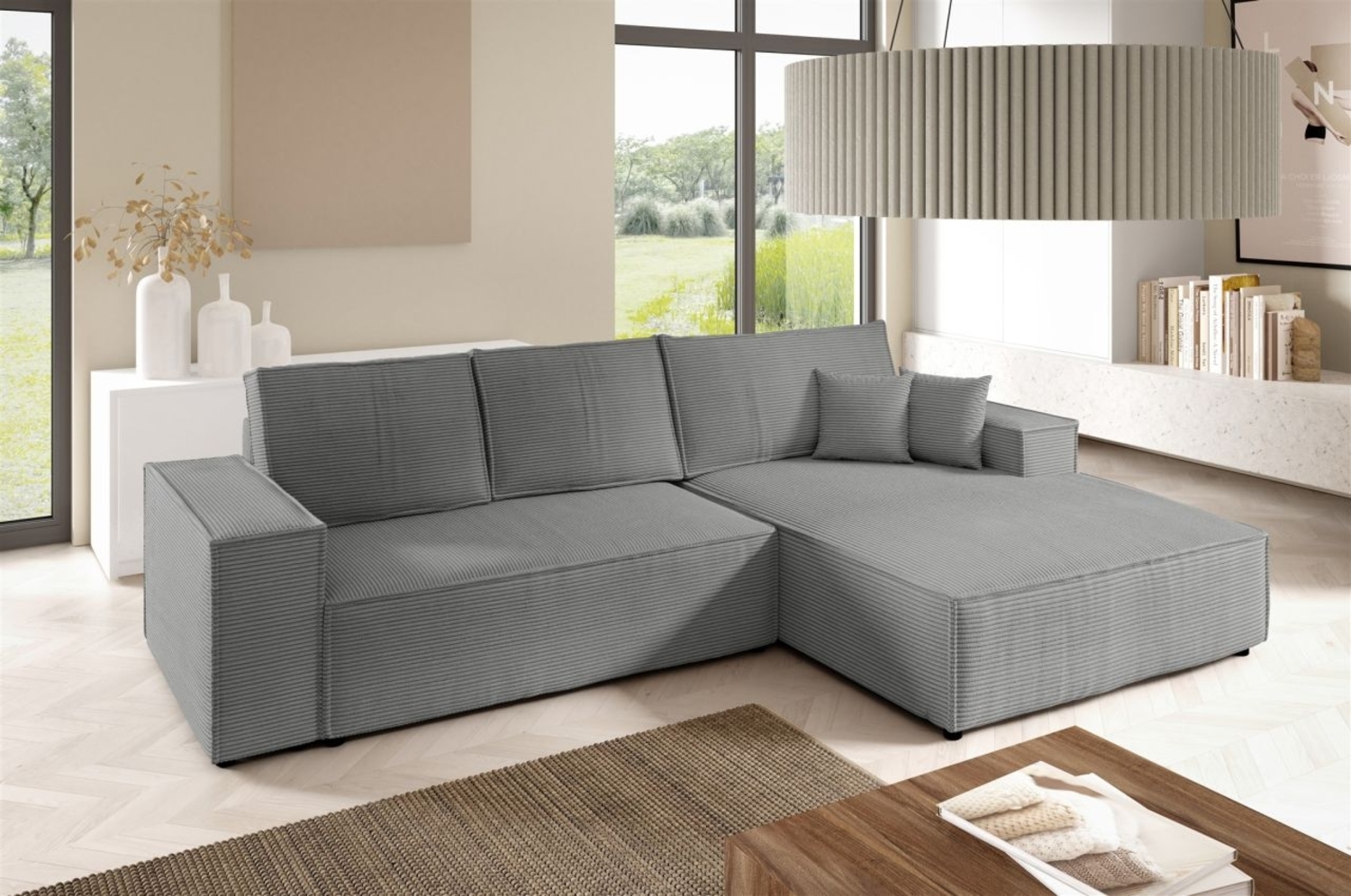 Ecksofa Schlafsofa CORUNIA Stoff Poso Graublau Ottomane Rechts Bild 1