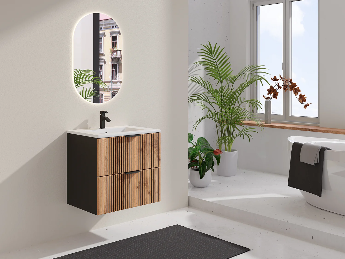 Vente-unique - Waschbeckenunterschrank hängend mit Einbauwaschbecken - Streifenoptik - Holzfarben hell & Schwarz - 60 cm - MADELA Bild 1