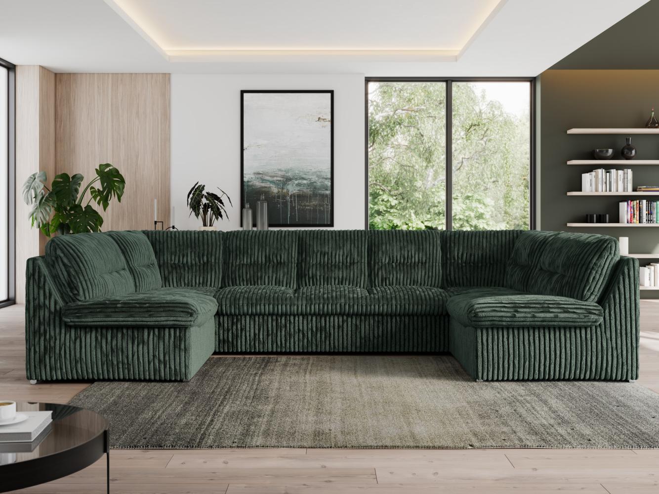 U-förmige Ecksofa, Bigsofa mit schlaffunktion, Wohnlandschaft XXL - MORBIDO U - Grün Cord - Topper T25 Bild 1