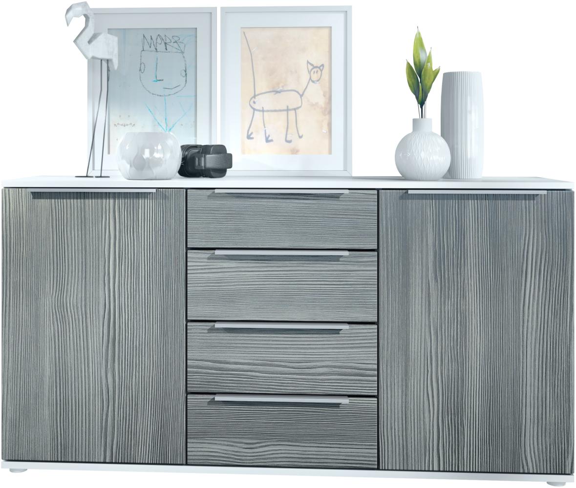 Vladon Sideboard Linio 139 x 72,5 x 35 cm Anrichte mit 2 Türen und 4 Schubladen, Korpus in Weiß matt, Fronten in Avola-Anthrazit Bild 1