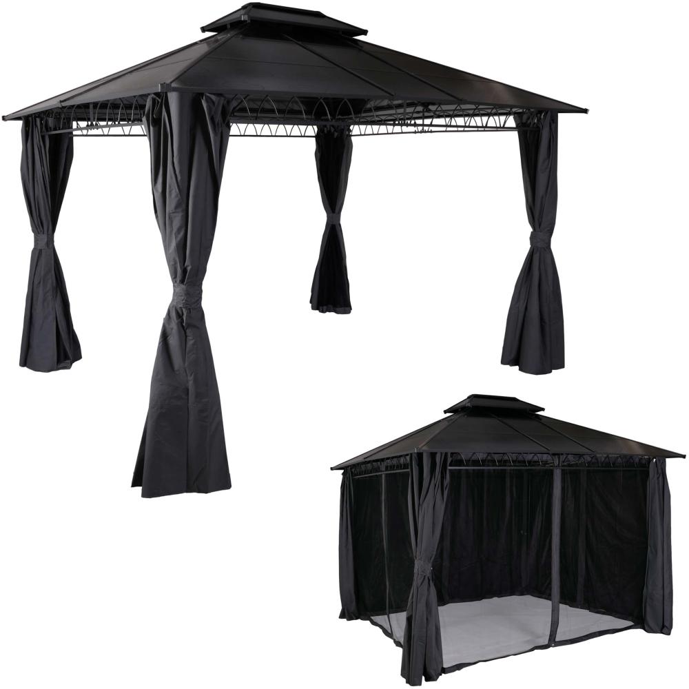 Hardtop Pergola HWC-M81, Pavillon, Aluminium Dachstreben 7cm-Stahlgestell mit Seitenwand und Moskitonetz 3,6x3m ~ grau Bild 1