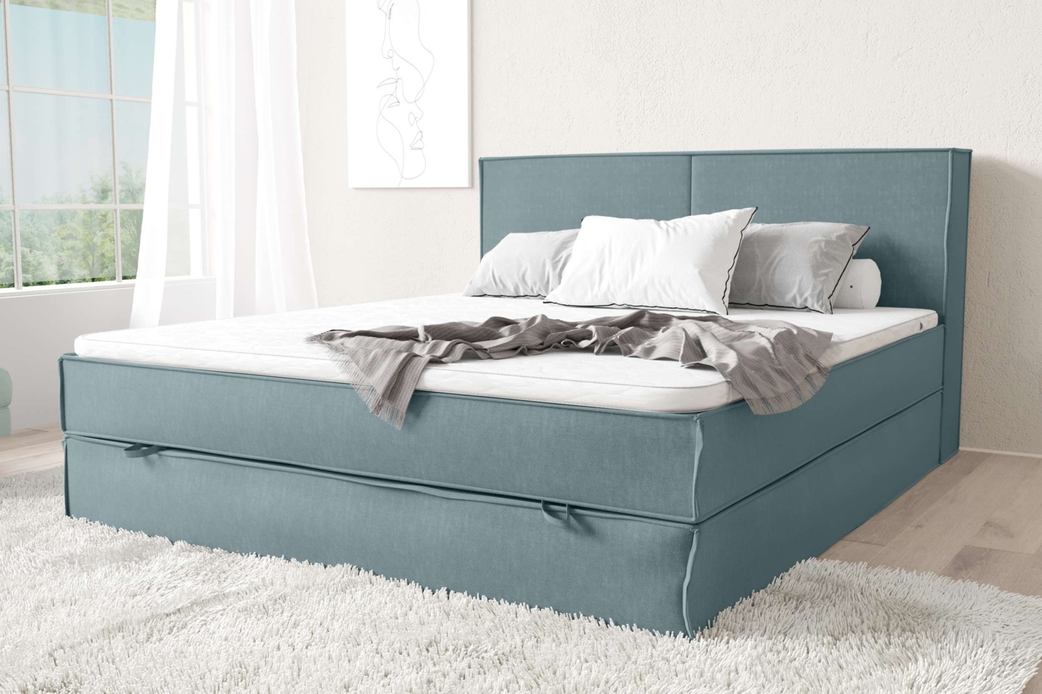 99rooms Samson Boxspringbett 120x200 cm Strukturstoff INARI Pastellblau Bonnel-Federung Bild 1