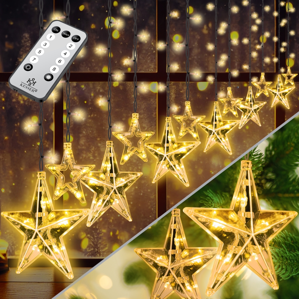 KESSER® Lichtervorhang 12 Sterne LED Lichterkette - mit Fernbedienung - 8 Leuchteffekte - Timer - Dimmfunktion - In- & Outdoor Regenkette Sternenvorhang Lichtervorhang - IP44 wasserdicht Warmweiß Bild 1