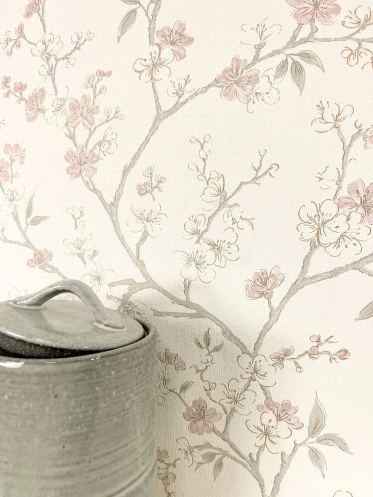 Newroom Vliestapete, Weiß Tapete Floral Kirschblüten - Blumentapete Vintage Rosa Beige Landhaus Romantisch Äste Zweige für Wohnzimmer Schlafzimmer Küche Bild 1