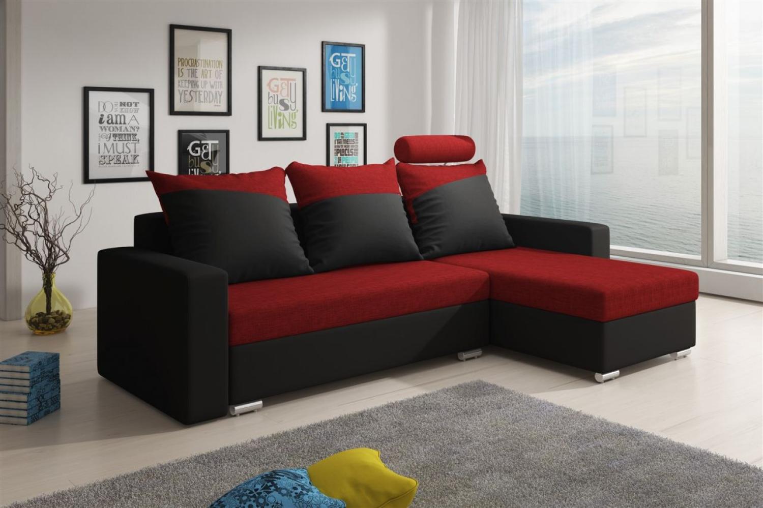 Ecksofa Sofa NORA mit Schlaffunktion Schwarz / Rot Ottomane Rechts Bild 1