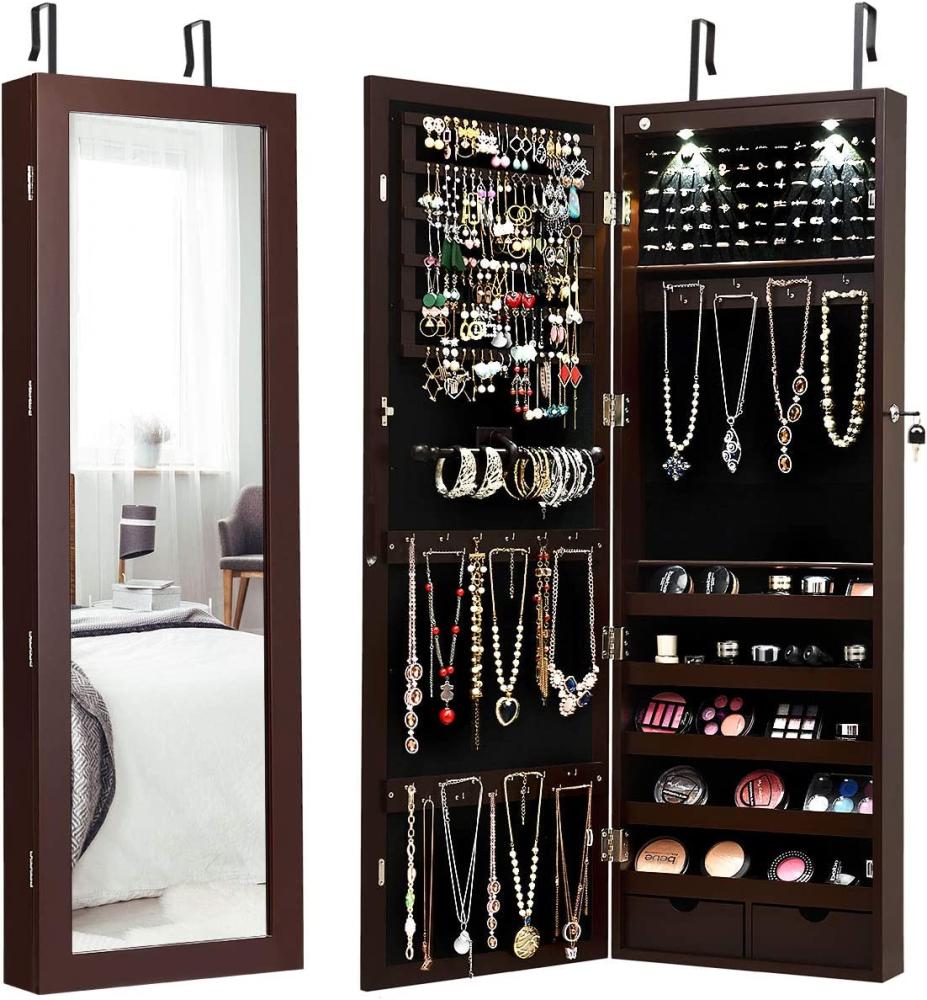 COSTWAY LED Schmuckschrank mit Ganzkörperspiegel Schmuckregal Tür- und Wandmontage hängender Schmuck Braun Bild 1