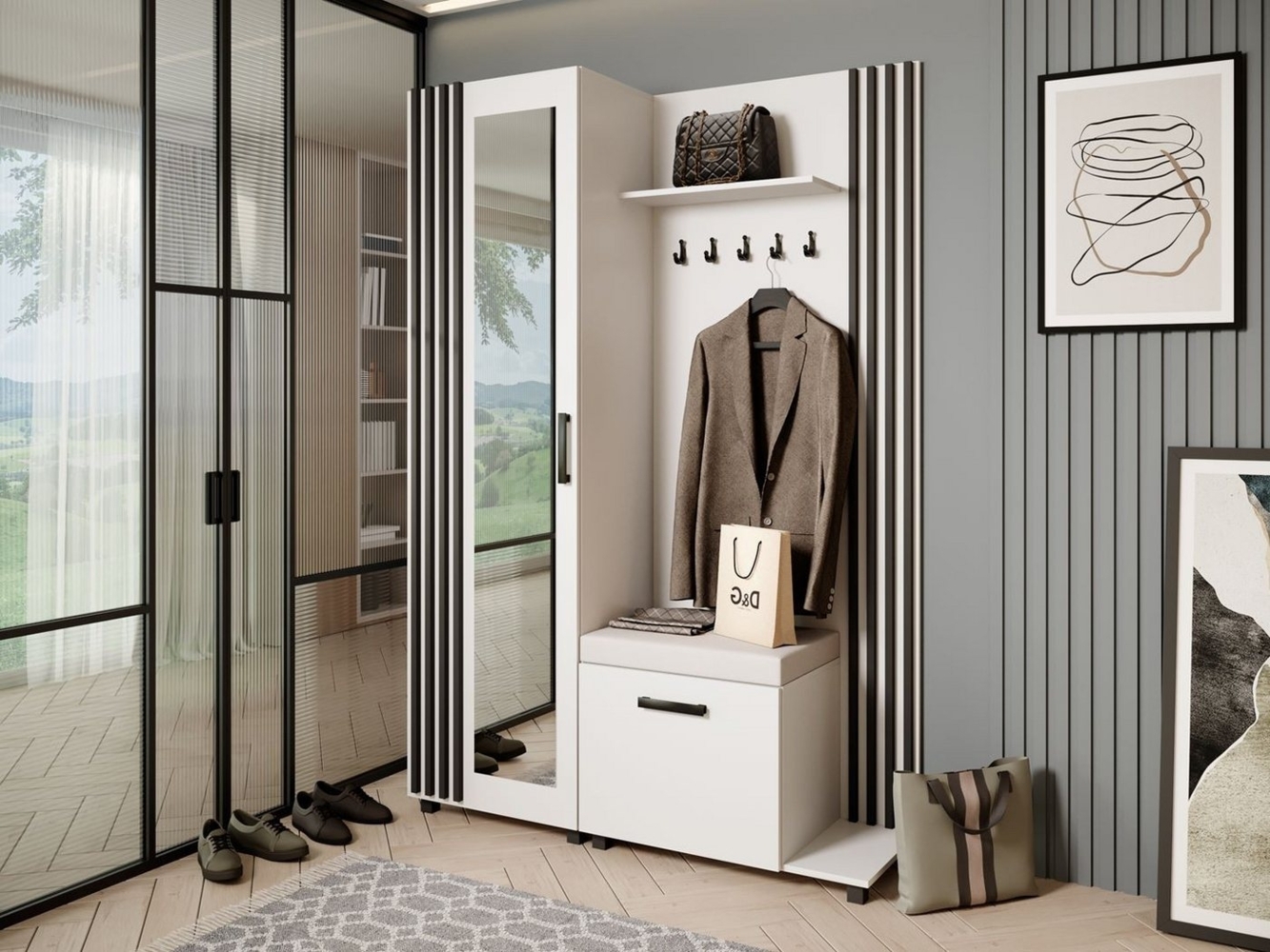 Beautysofa Garderobenschrank Garderoben-Set mit Aufhängern und Spiegel LIVIA (Geräumiger Schuhschrank) mit praktischer Kleiderstange Bild 1