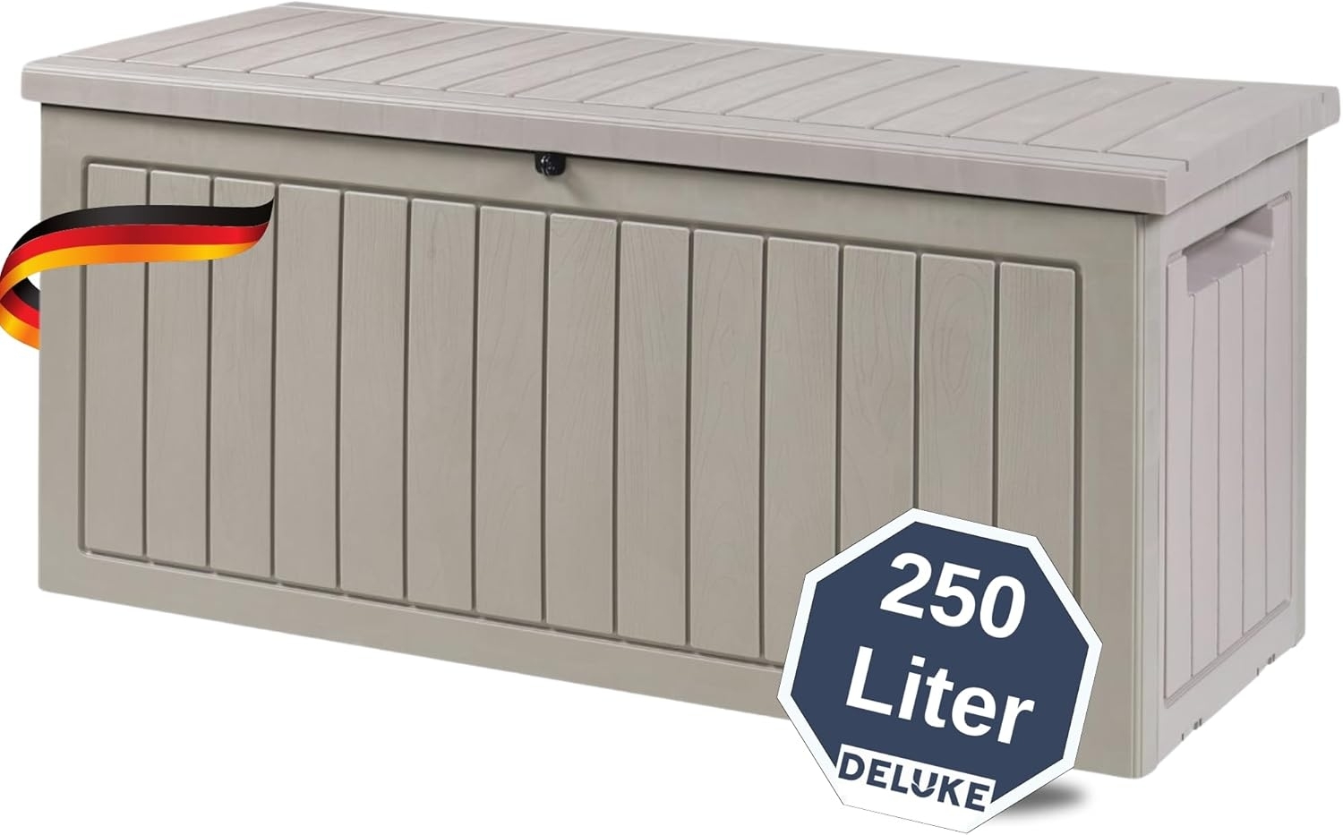 DELUKE® Auflagenbox wasserdicht MARA - 250L Holzoptik Aufbewahrungsbox Garten Gartenbox Kissenbox Outdoor Gartentruhe viel Platz für Sitzauflagen Gartengeräte oder Kinderspielzeug |Beige Bild 1