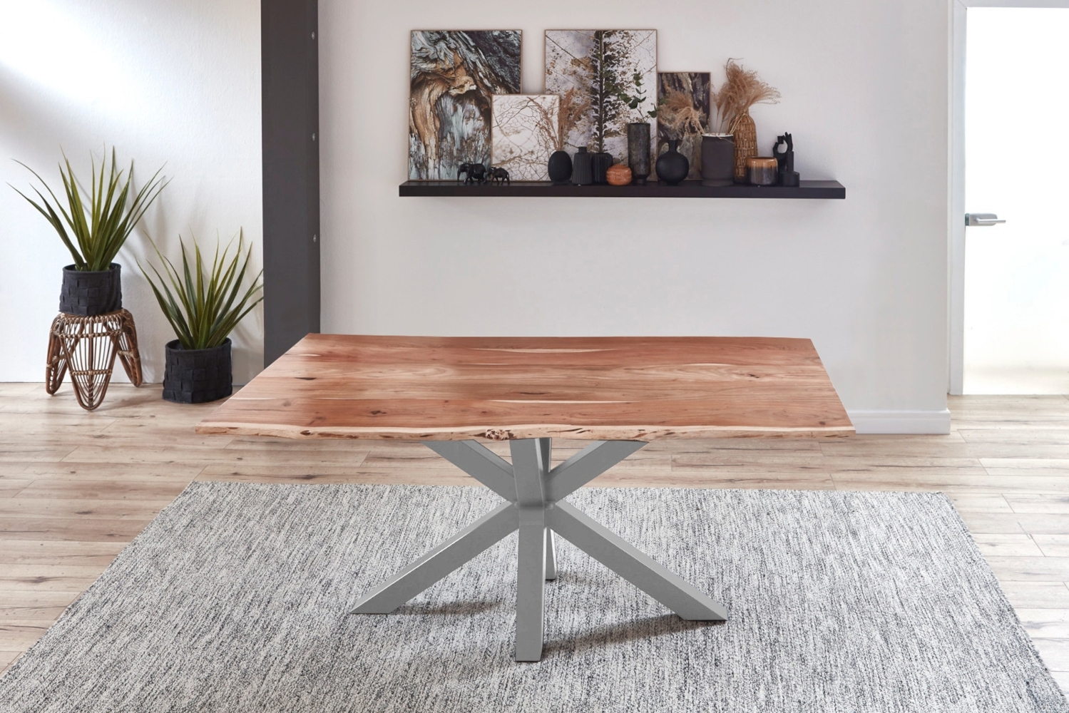 Esstisch Baumkante massiv Akazie natur 140 cm Spider-Gestell silber QUINCY 70709113 Bild 1