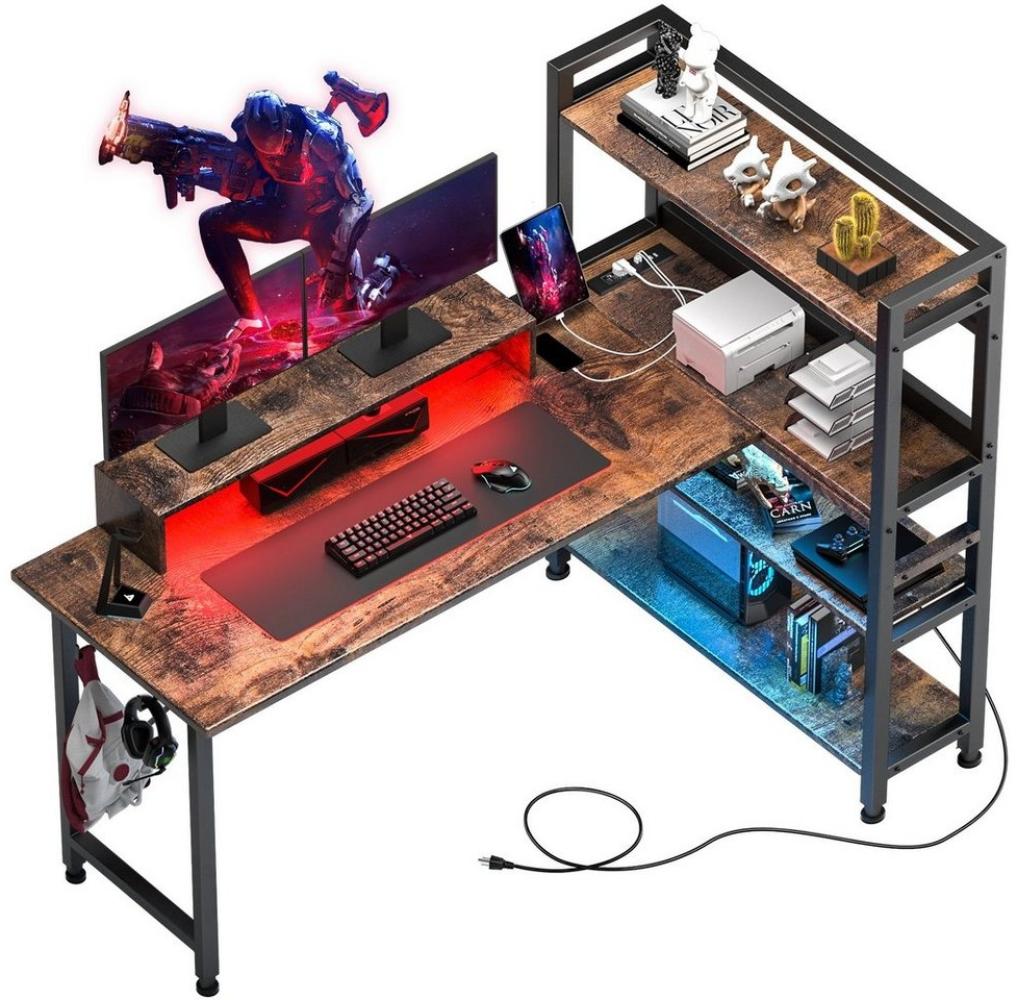 GTPLAYER Computertisch Gamingtisch Gaming Tisch Schreibtisch mit 4 Ablagen Netzsteckdose, 55 Zoll Schreibtisch mit Monitorständer und eingebaute LED-Lichter Bild 1