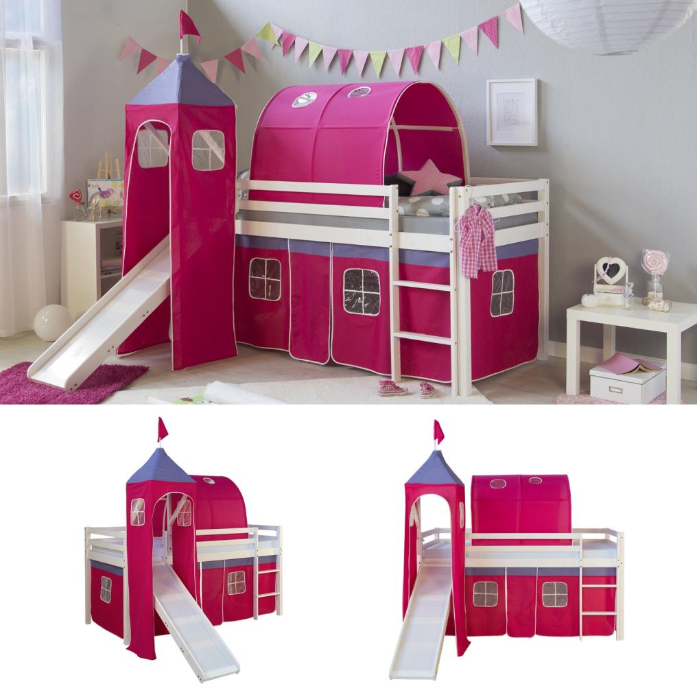 Hochbett Spielbett Kinderbett Rutsche Turm Vorhang rot 90x200 Bild 1