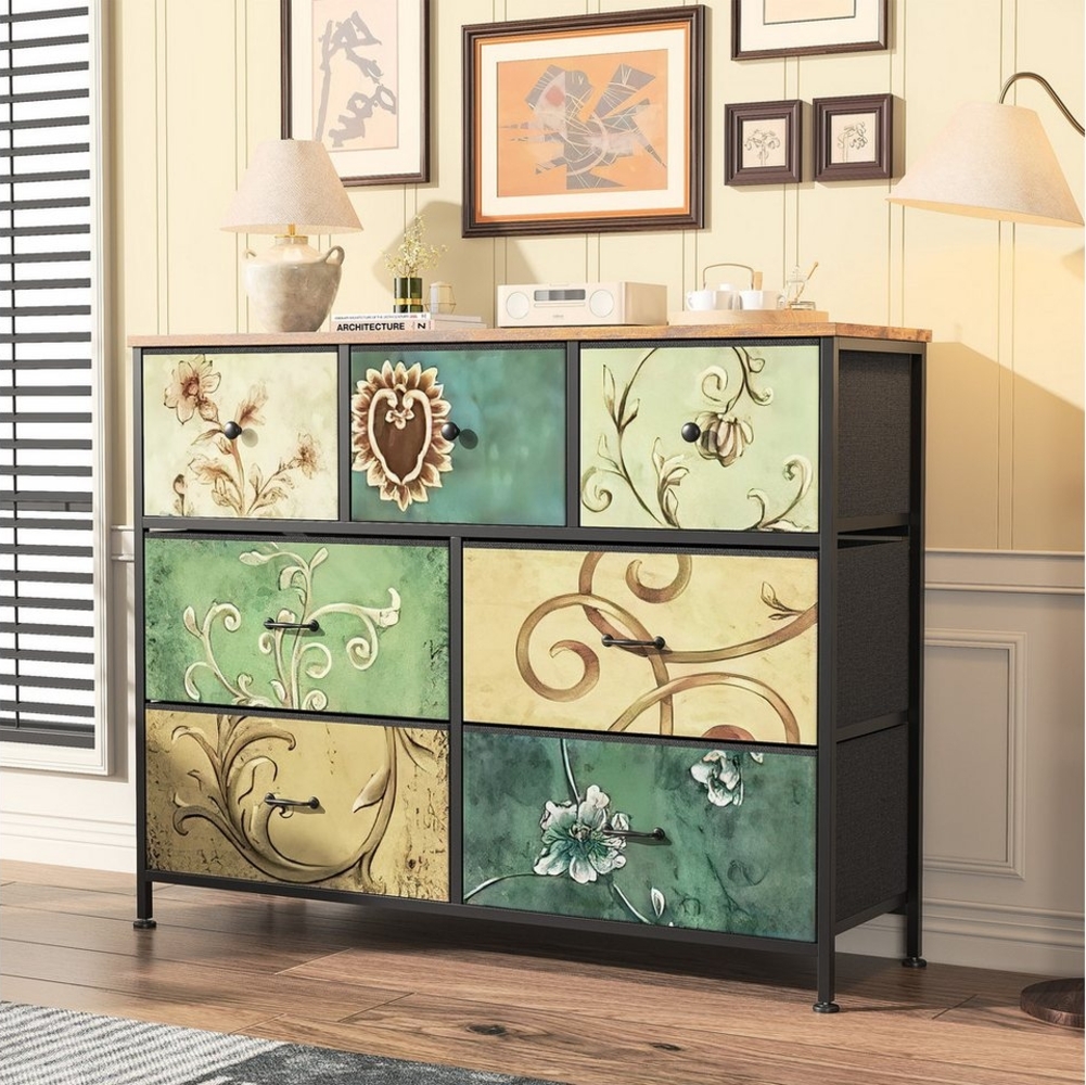 LuxeLiving Kommode Sideboard Schubkastenkommode, 7 Schubladen, Retro-Stil, Blumenstoff, Breite 100cm Bild 1