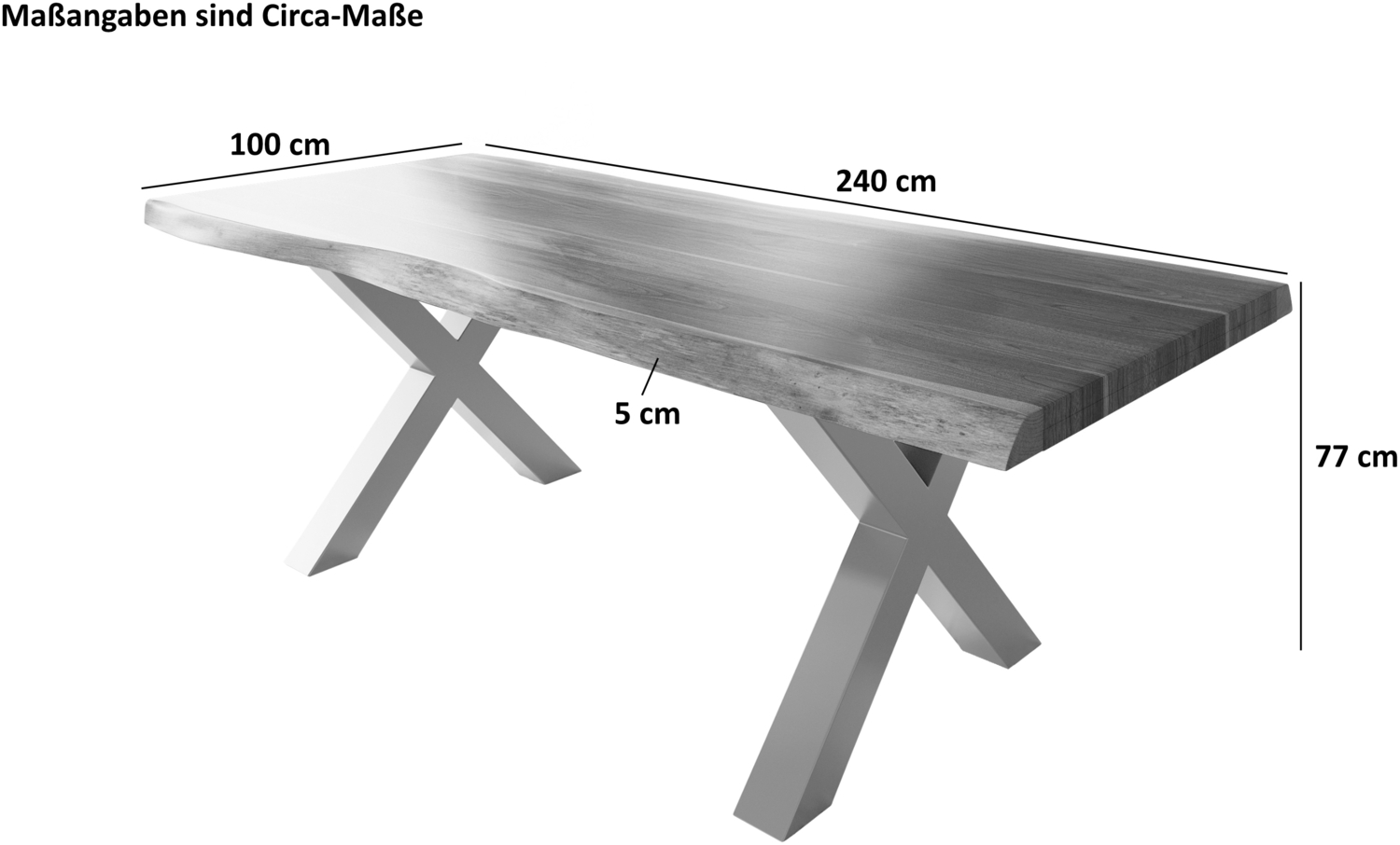 Esstisch Baumkante massiv Akazie Natur 240x100 X-Gestell silber ATLAS 140115981 Bild 1