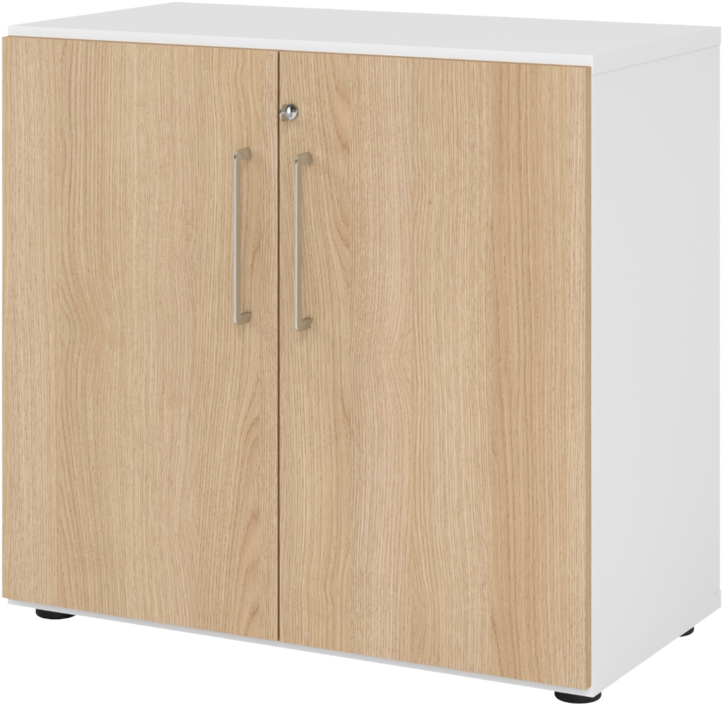 bümö Aktenschrank abschließbar, Büroschrank Holz 80cm breit in Weiß/Eiche - abschließbarer Schrank mit Aktenregal für's Büro & Arbeitszimmer, Büro Möbel Ordnerschrank mit Schloss, 928T2-W-E-BS Bild 1