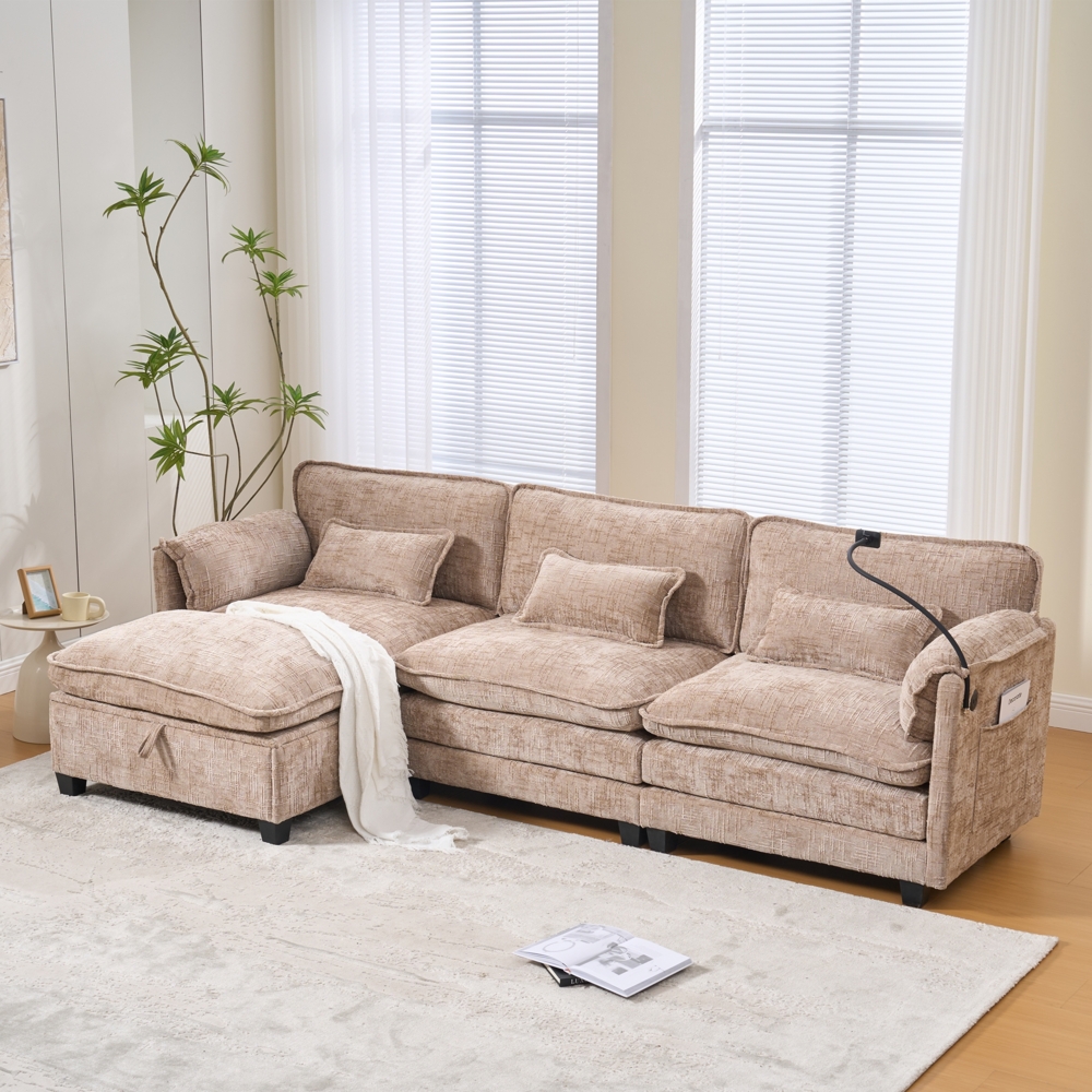 Flieks 3-Sitzer Schlafsofa aus Chenille, Ecksofa Mit USB-Anschluss, Seitentasche, Handyhalter und modularen Hockern, khaki Bild 1