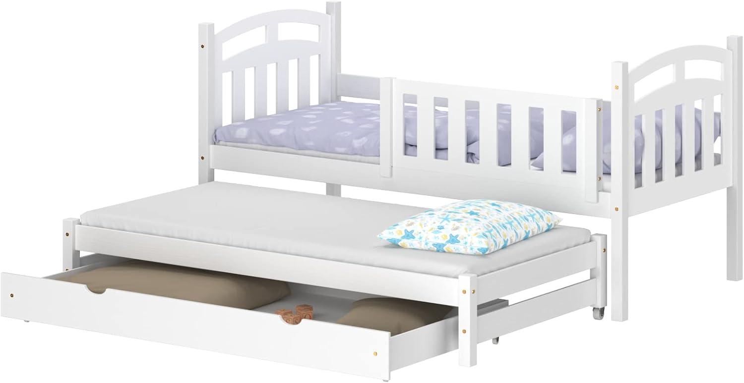 WNM Group Kinderbett Ausziehbar mit Rausfallschutz Suzie - aus Massivholz - Ausziehbett für Mädchen und Jungen - Bett mit Schublade - Funktionsbett 190x80 / 180x80 cm - Weiß Bild 1