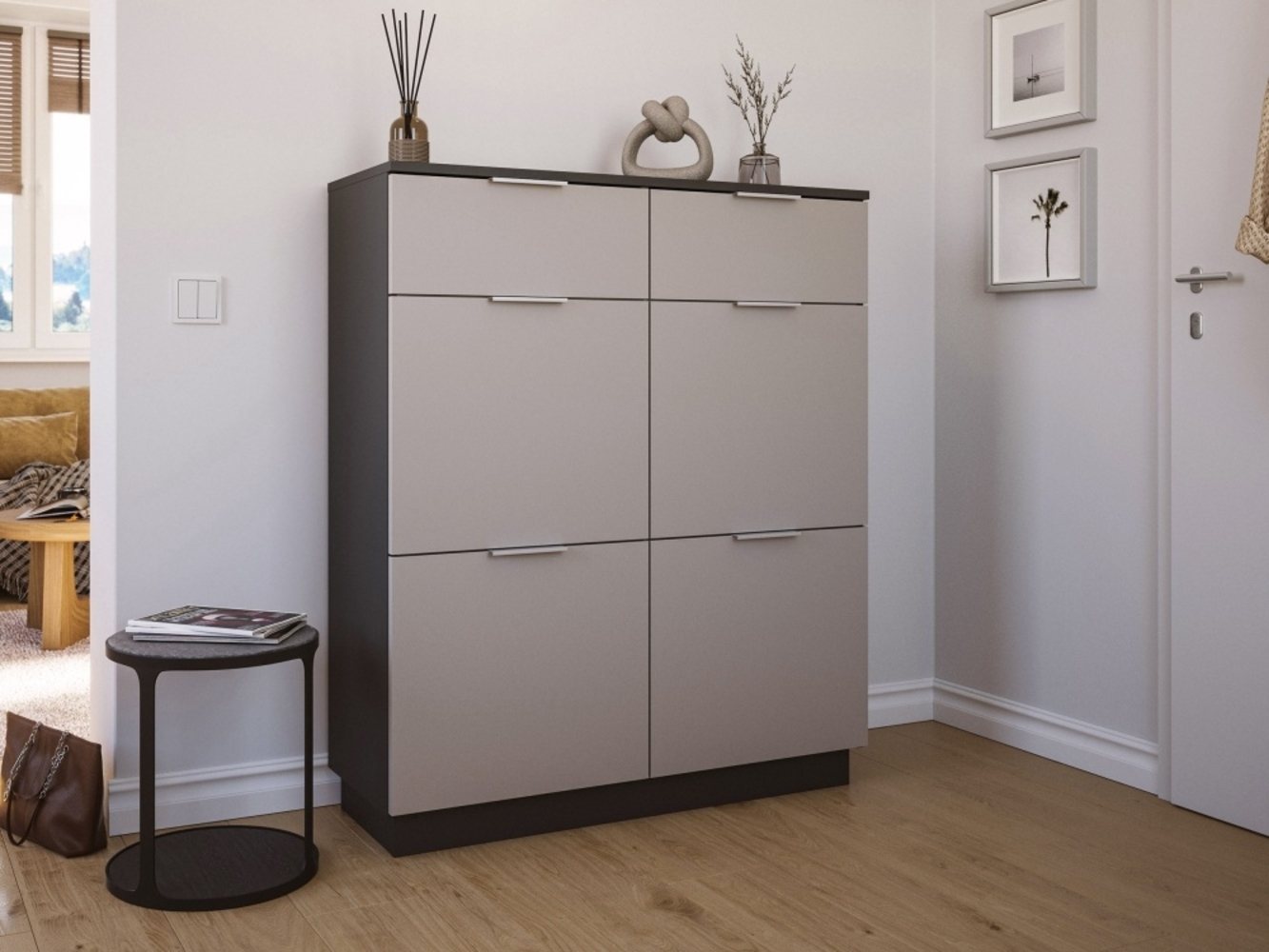 Schuhschrank Domus-XXL 2 Softeinzüge 4 Klappen 16 Paar lackiert Creme-Grafit : Creme / Grafit Bild 1