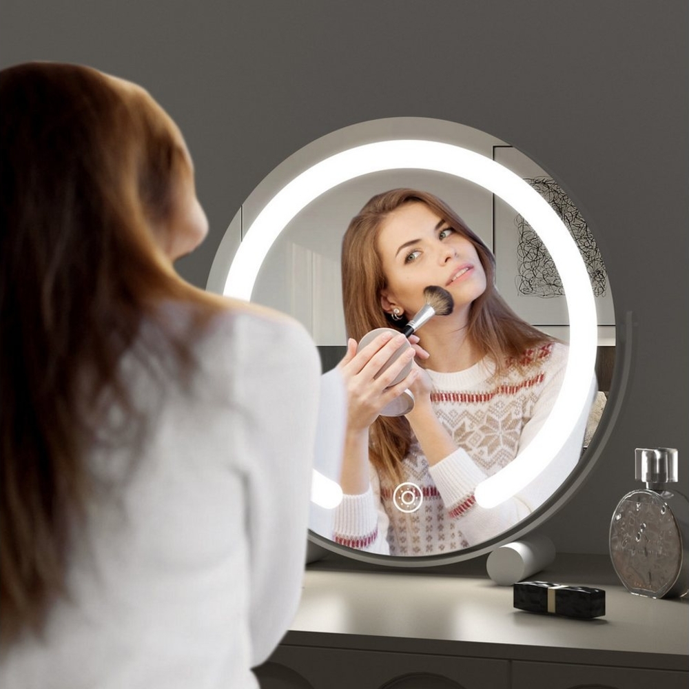 WDWRITTI Schminkspiegel mit beleuchtung Standspiegel klein Tischspiegel 3 Lichtfarben Dimmbar (Tischspiegel Rund, 360° Drehbar), 3000/4000/6500K Bild 1
