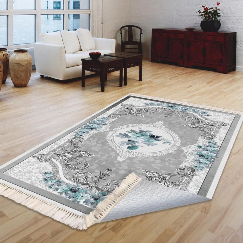 Jungengel Teppich Rosen Romantik Läufer 6x Größen Flach Waschbar Grau/Blau Teppichläufer Bild 1
