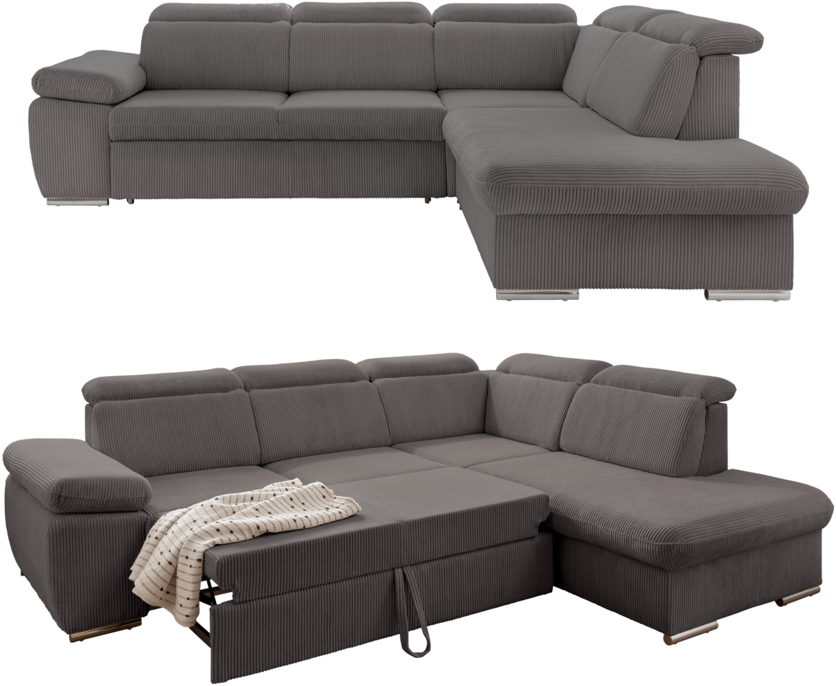 ECKSOFA mit Schlaffunktion, Bettkasten, Kopfstützen verstellbar, Wellenunterfederung, Ottomane rechts B283/T228/H102 cm, Cord Grau Anthrazit Bild 1