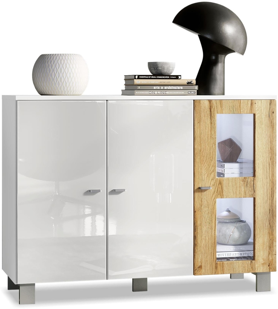 Vladon Sideboard Denjo, Kommode mit 3 Türen, Weiß matt/Weiß Hochglanz/Eiche Natur, inkl. LED-Beleuchtung (107 x 81 x 35 cm) Bild 1