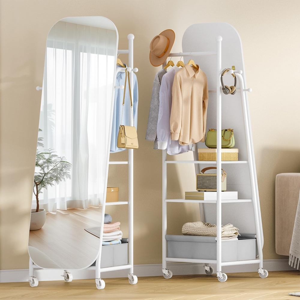 Ganzkörperspiegel, Standspiegel mit Kleiderständer, 50x165,8 cm, 360° Drehbare Rollen, Großer Spiegel mit Aufbewahrungsbox und Haken, für Schlafzimmer und wohnzimmer, Weiß Bild 1