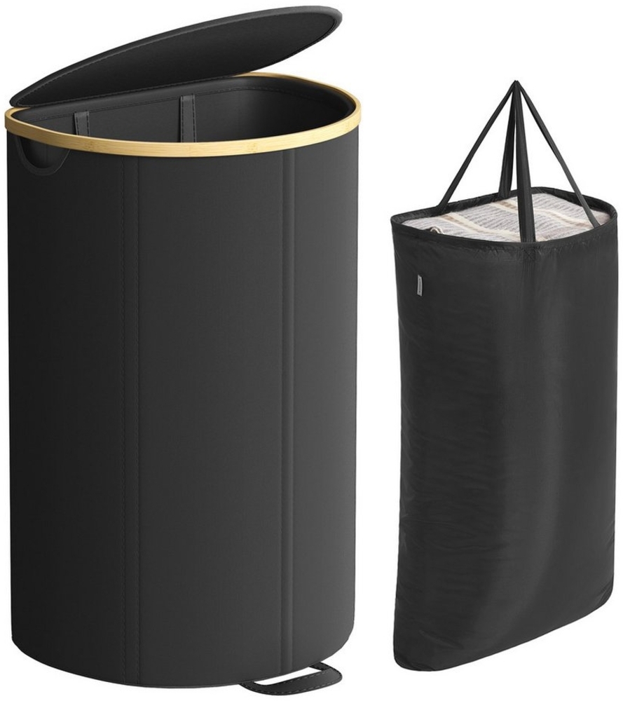SONGMICS Wäschekorb, Wäschesammler, 90 Liter, Wäschetonne mit Deckel, Wäschesack herausnehmbar, für Waschküche, Schlafzimmer, Wohnzimmer, tintenschwarz-naturbeige Bild 1