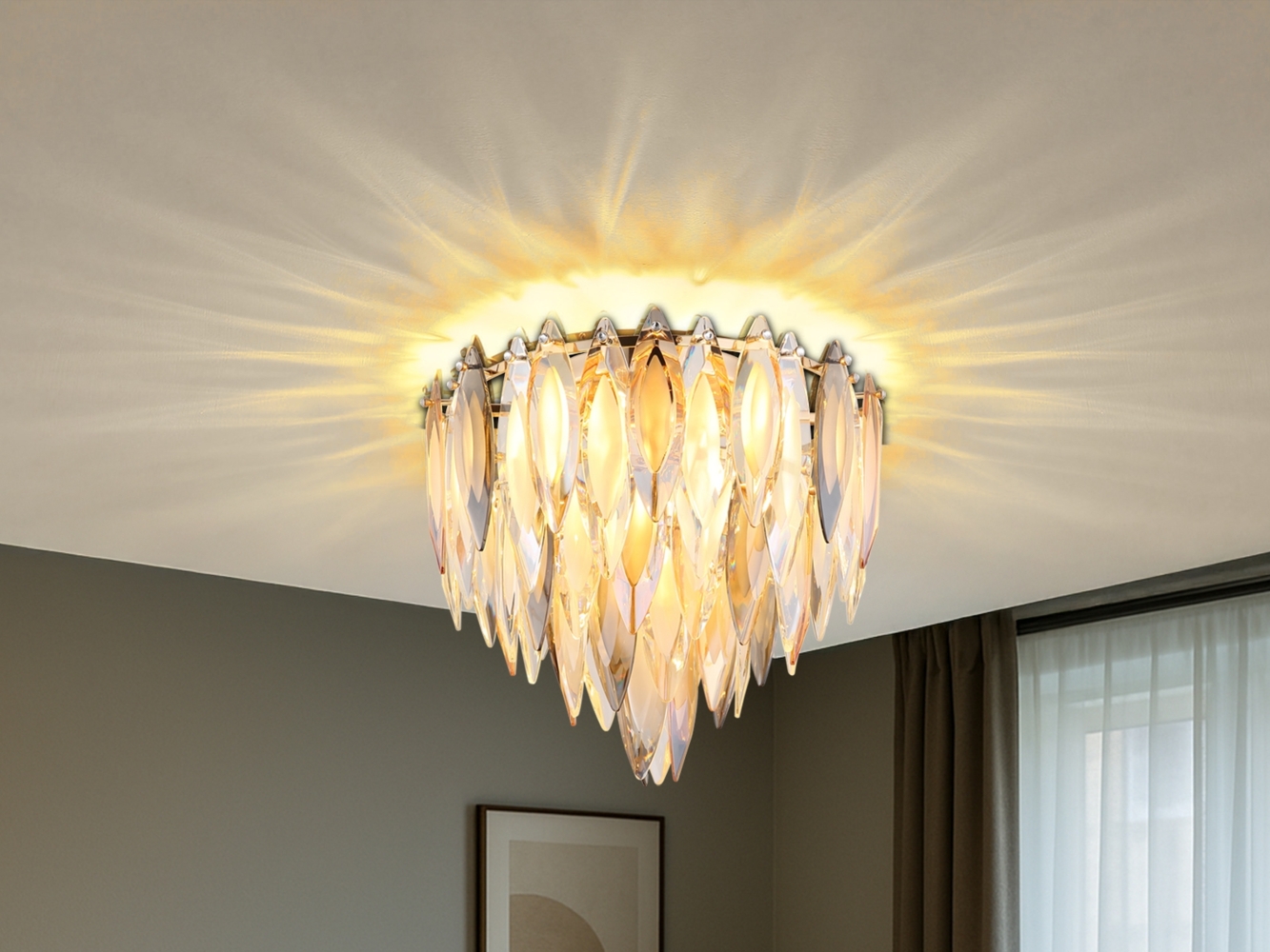 Ausgefallener Deckenleuchter ELINOR Gold mit 3-farbigem K9 Kristall Ø 40cm Bild 1