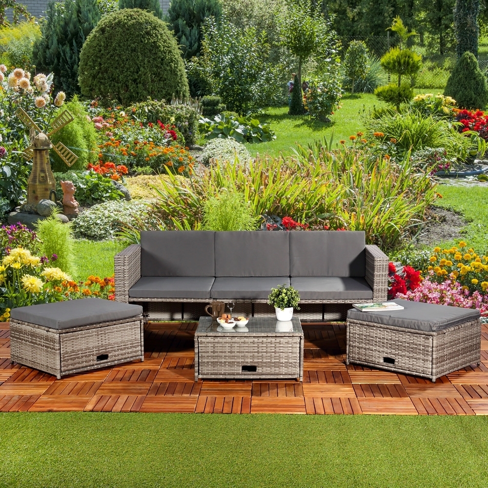 Polyrattan Sitzmöbel Set Sofa Tisch 2 Hocker grau Lounge Gartenset Rattanmöbel Bild 1