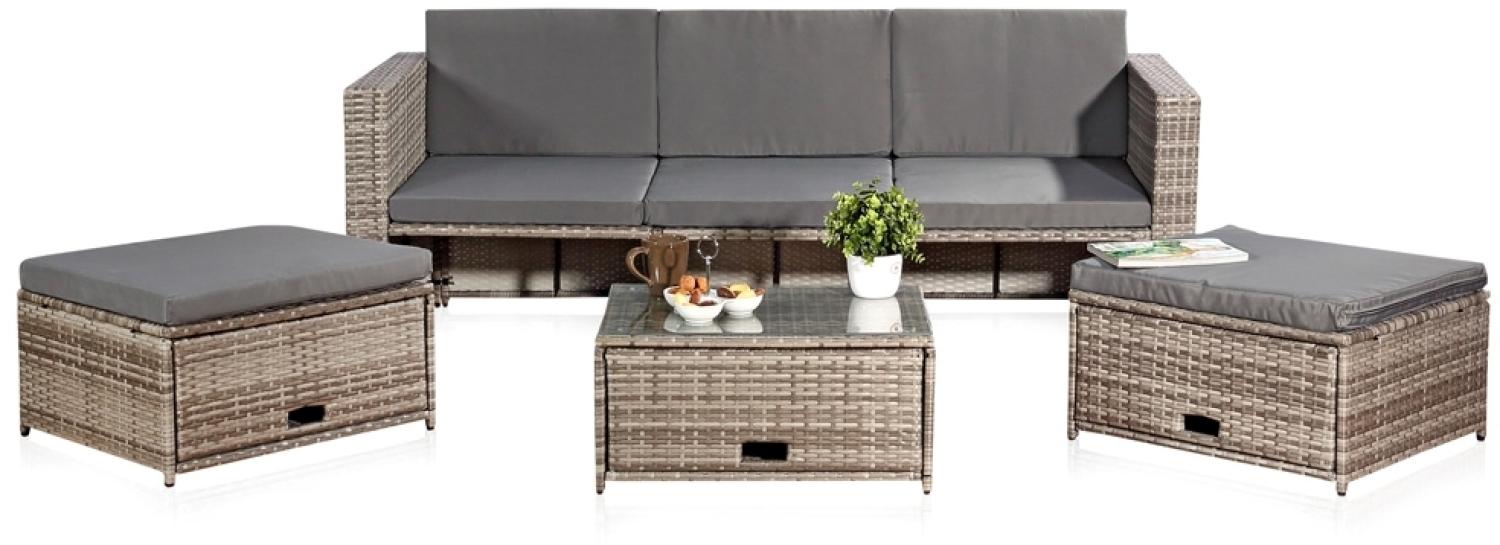 Polyrattan Sitzmöbel Set Sofa Tisch 2 Hocker grau Lounge Gartenset Rattanmöbel Bild 1