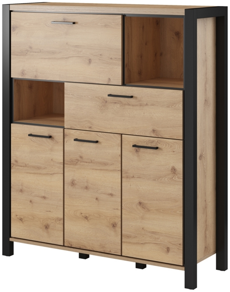 Wohnzimmer Highboard ACCRA-83 in Taurus Eiche Nb. und schwarzem Gestell, B/H/T: ca. 120/140/41 cm Bild 1