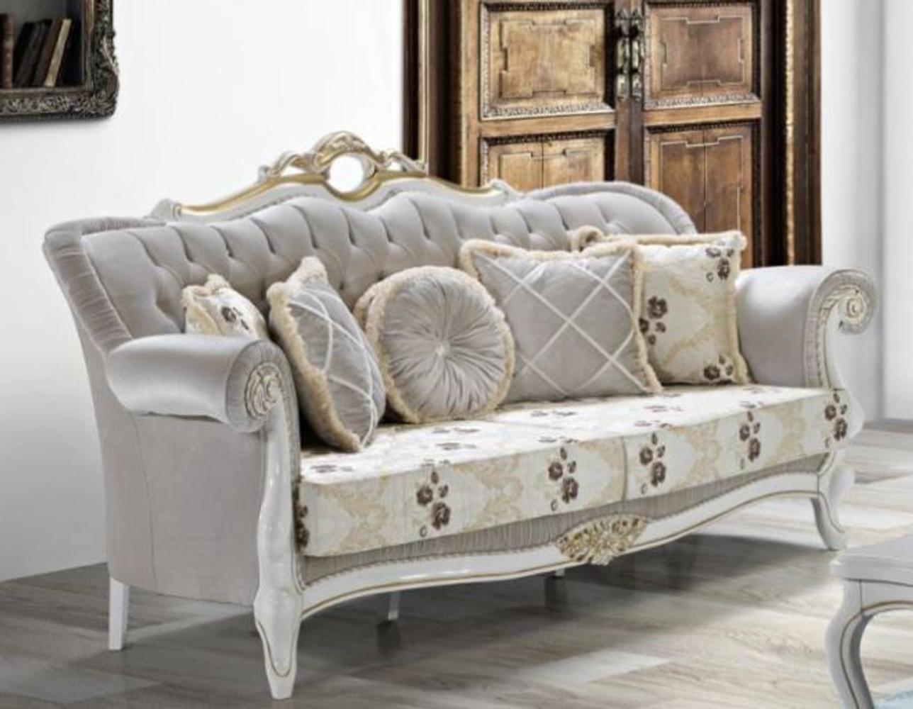 Casa Padrino Barock Wohnzimmer Sofa mit Glitzersteinen und Blumenmuster Hellgrau / Creme / Beige / Weiß / Gold 215 x 80 x H. 120 cm - Barock Möbel Bild 1