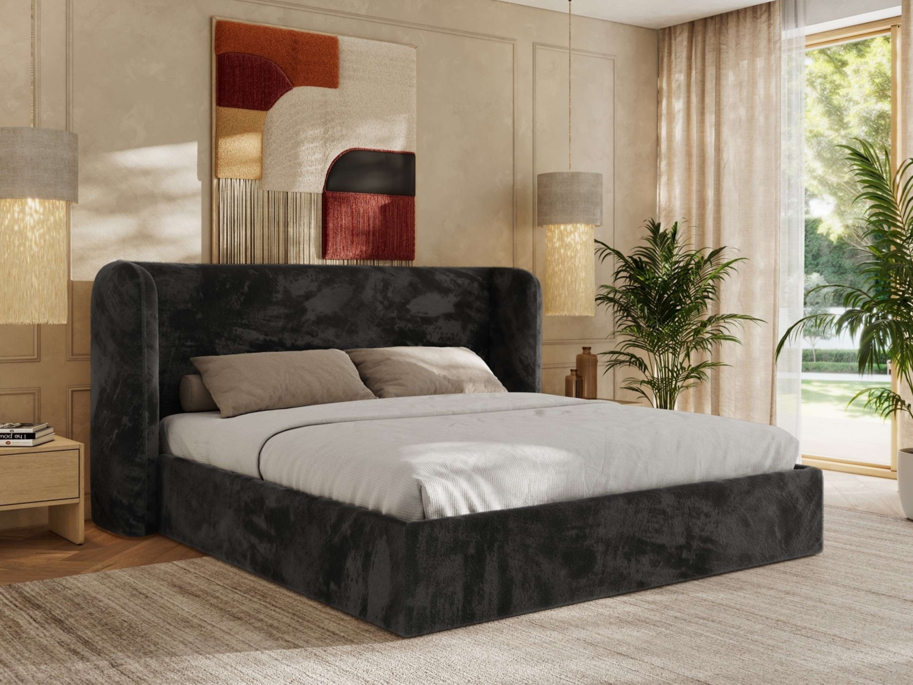 Polsterbett Bett mit Holzlattenrost Schlafzimmer Bett Doppelbett gepolstertes Kopfteil Pocket Matratze - EMORA CLASSIC - 140x200 cm - Dunkelgrau Plüsch - VIRE LUX Bild 1