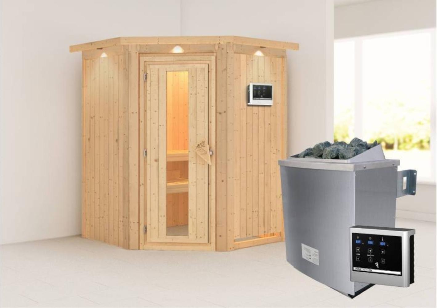 Karibu Sauna Larin mit Dachkranz + 9kW Saunaofen mit ext. Steuerung Easy Klarglas Ganzglastür Bild 1