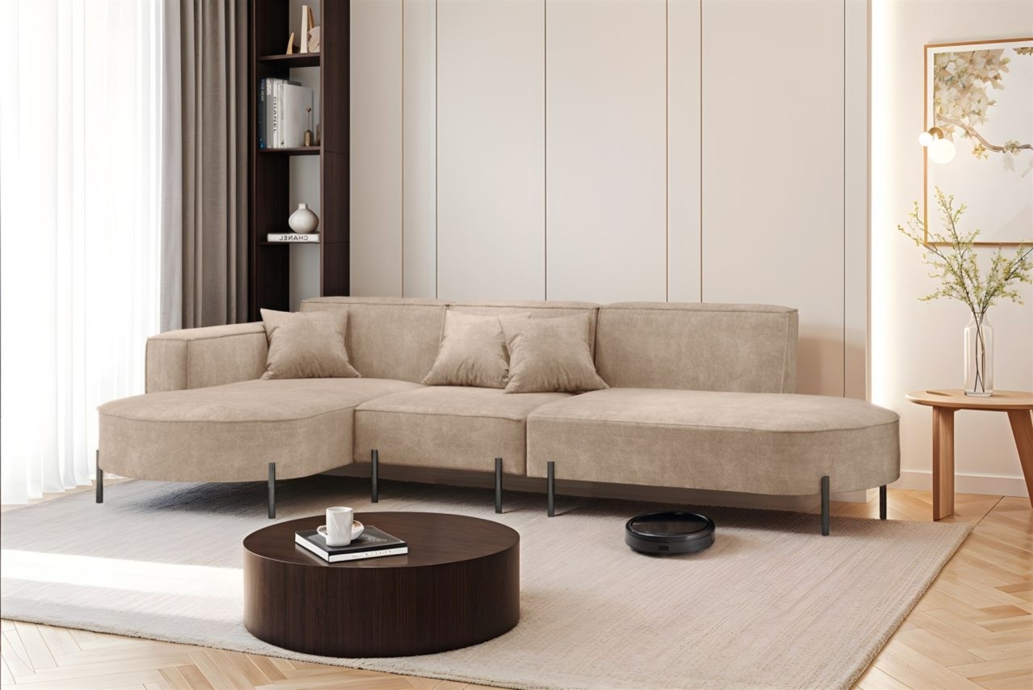 Ecksofa Designersofa VALENCIA in Stoff Noel Beige Ottomane Links Bild 1