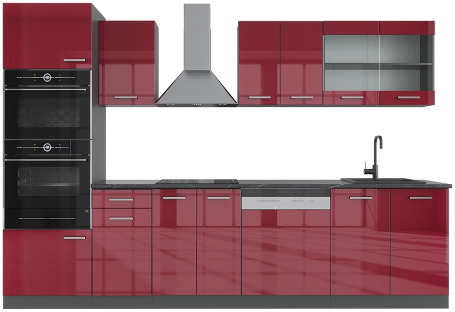 Vicco Küchenzeile Bordeaux Hochglanz/Anthrazit 300 cm mit Hochschrank, AP Anthrazit, R-Line Bild 1