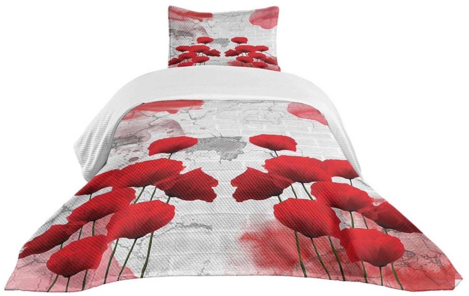 Abakuhaus Tagesdecke Set mit Kissenbezügen Waschbar, Mohn Blühendes ländliches Feld Bild 1