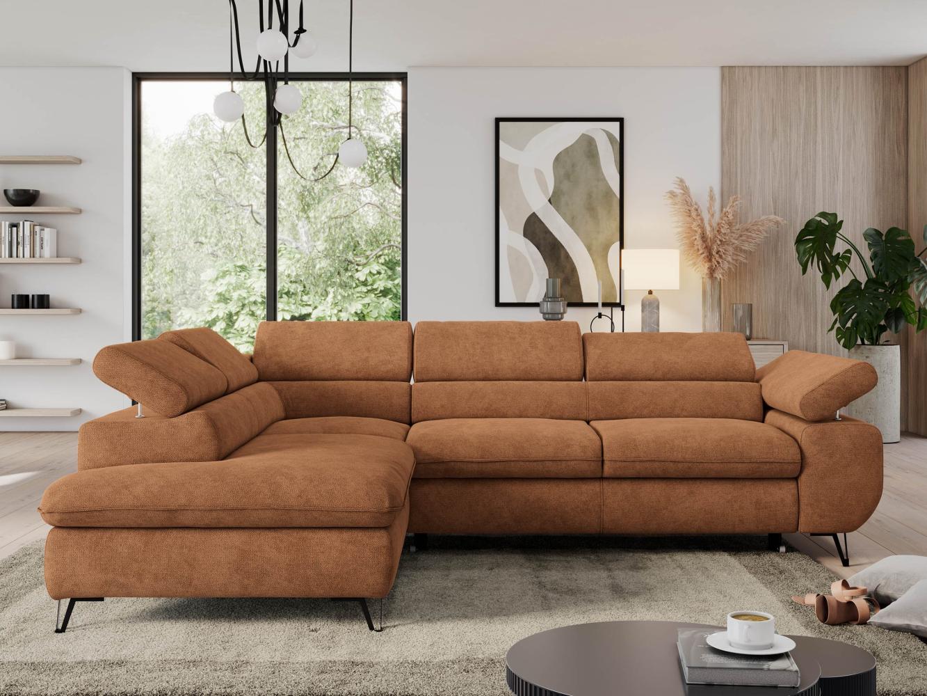 Ecksofa mit Bettfunktion, Modern Sofa, L-form, Einstellbare Kopfstützen, Bettkasten, PEDRO, 1x Ecksofa, 1x Topper, Orange, Stoff, links Bild 1