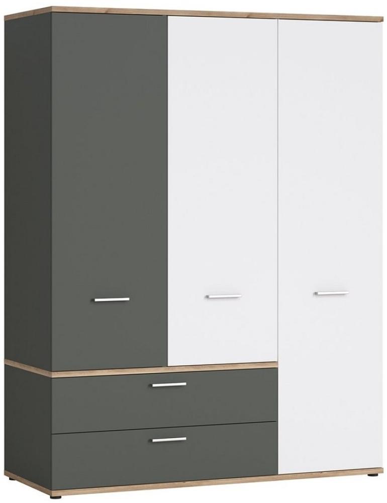 Kleiderschrank 3-türig in Eiche Nb. mit weiß und grau TOMAR-129, B/H/T ca. 150/196/60 cm Bild 1