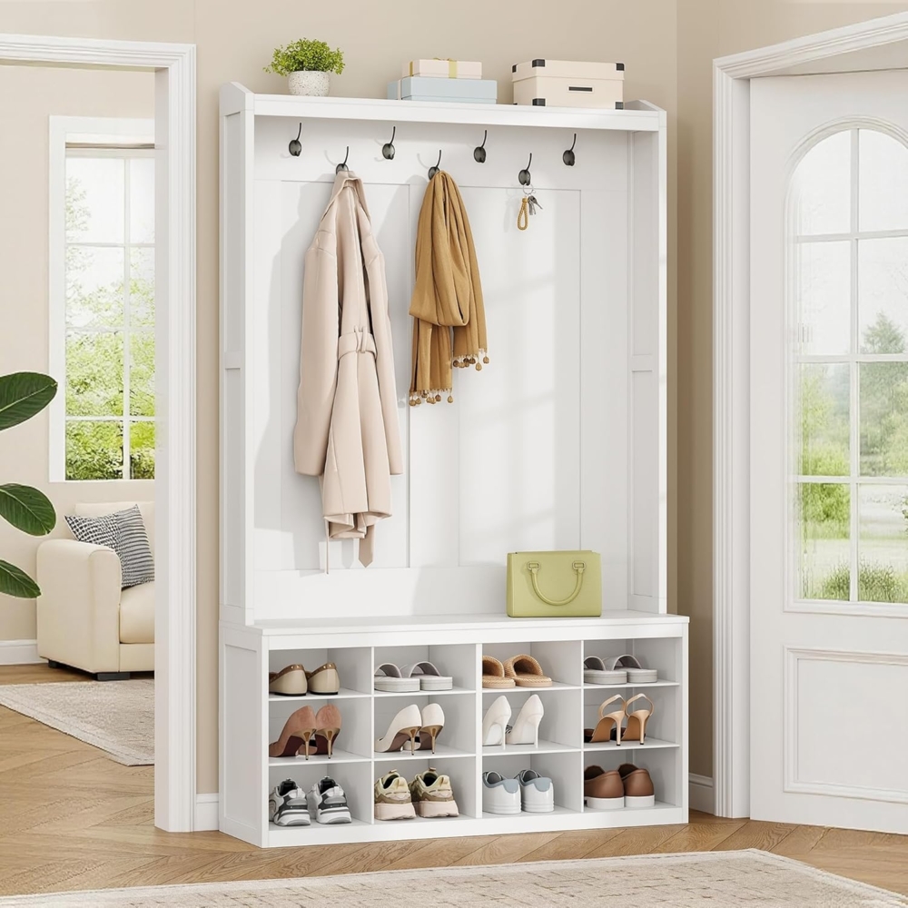 Garderobenständer, Garderobe mit 7 Doppelhaken, 12 Offene Fächer, Flurgarderobe Set, Freistehender Kleiderständer für Eingangsbereich, Flur, 32 x 100 x 181,5 cm, Weiß Bild 1