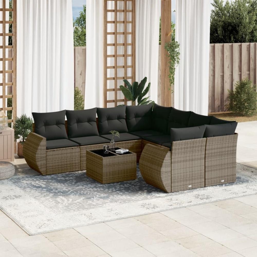 vidaXL 9-tlg. Garten-Sofagarnitur mit Kissen Grau Poly Rattan 3221159 Bild 1
