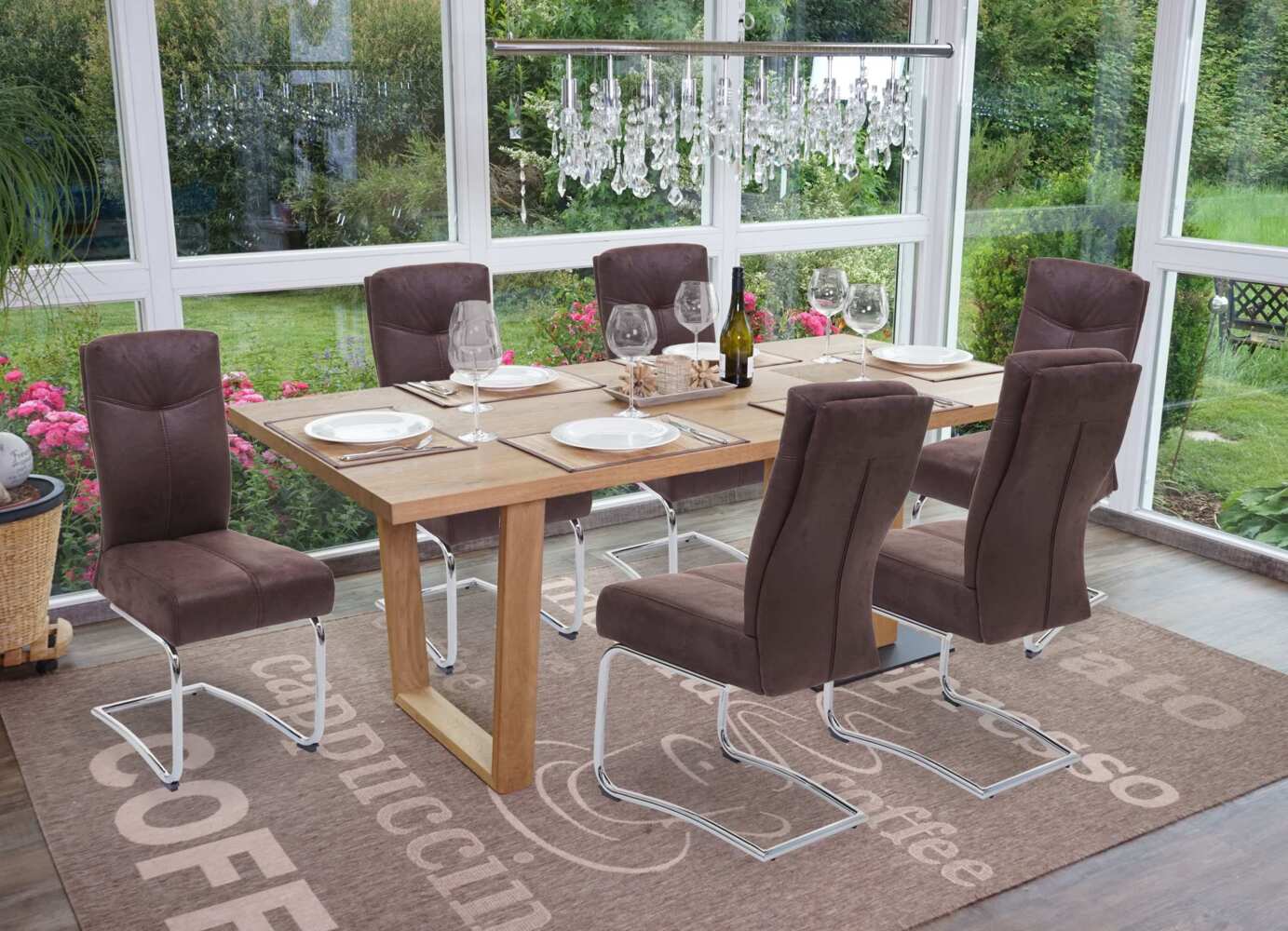 6er-Set Esszimmerstuhl HWC-G56, Küchenstuhl Freischwinger Stuhl, Textil Wildleder-Optik ~ braun Bild 1