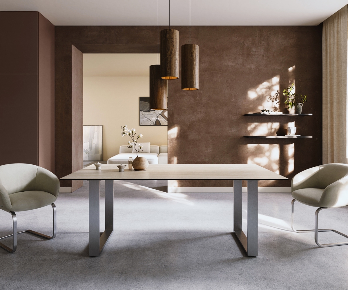 Esstisch Edge 200x100 Keramik Laminam® Travertino Bianco Creme-Weiß Edelstahl Schmal Bild 1