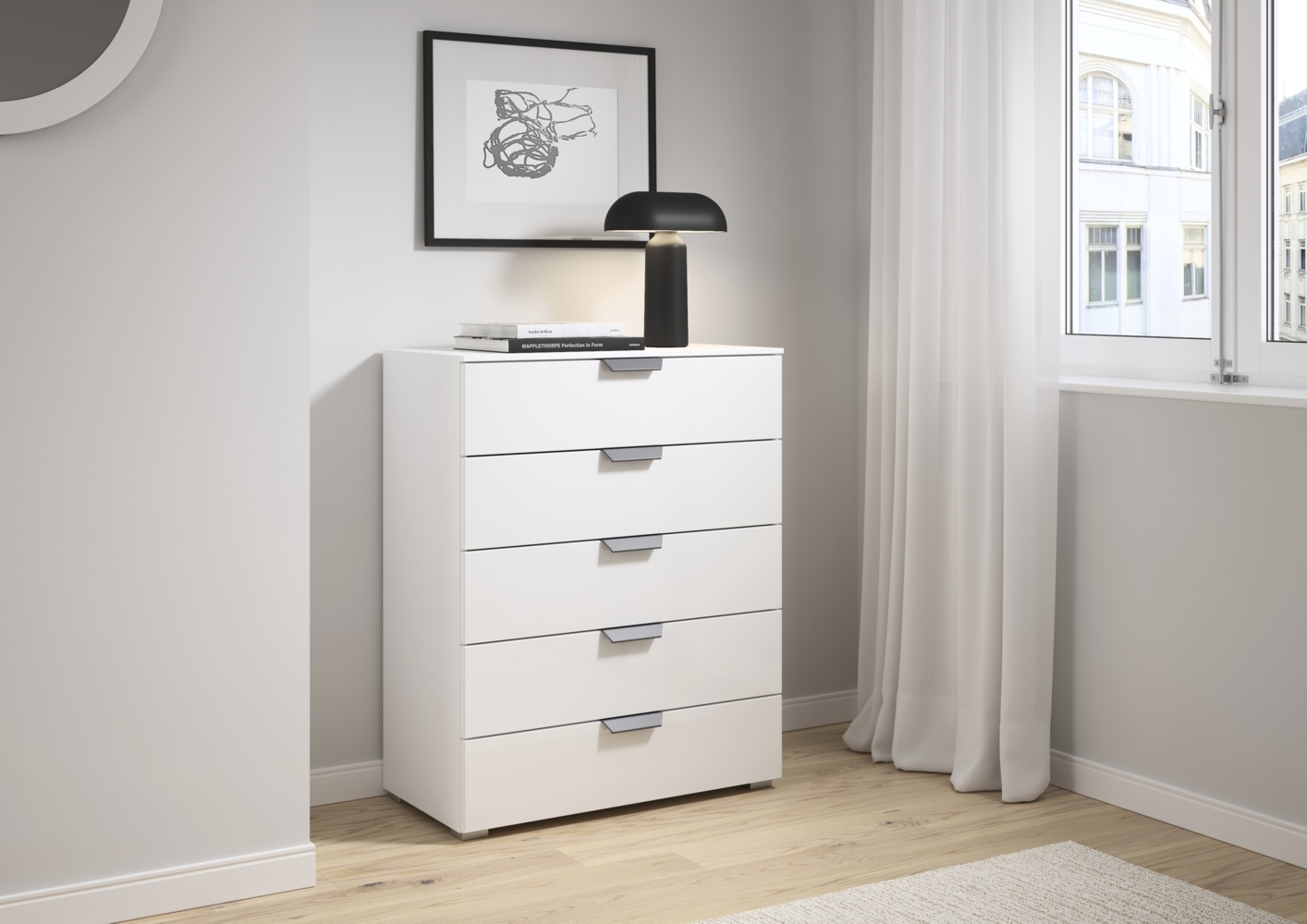 rauch Aditio Box, Kommode, 5 Schubladen, mit Glasfront, mit Softclose-Funktion, Farbe Weiß, BxHxT 80x100x42cm Bild 1