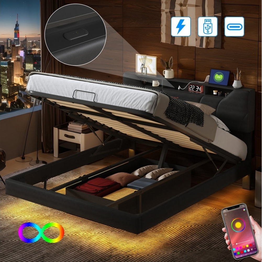 FUROKOY Polsterbett Doppelbett Stauraumbett Mit LED-Beleuchtung USB+TYPE-C Kunstleder, 140x200 cm, mit Steckdose,Hydraulisch anhebbarer, Gepolstert,Schwarz Bild 1