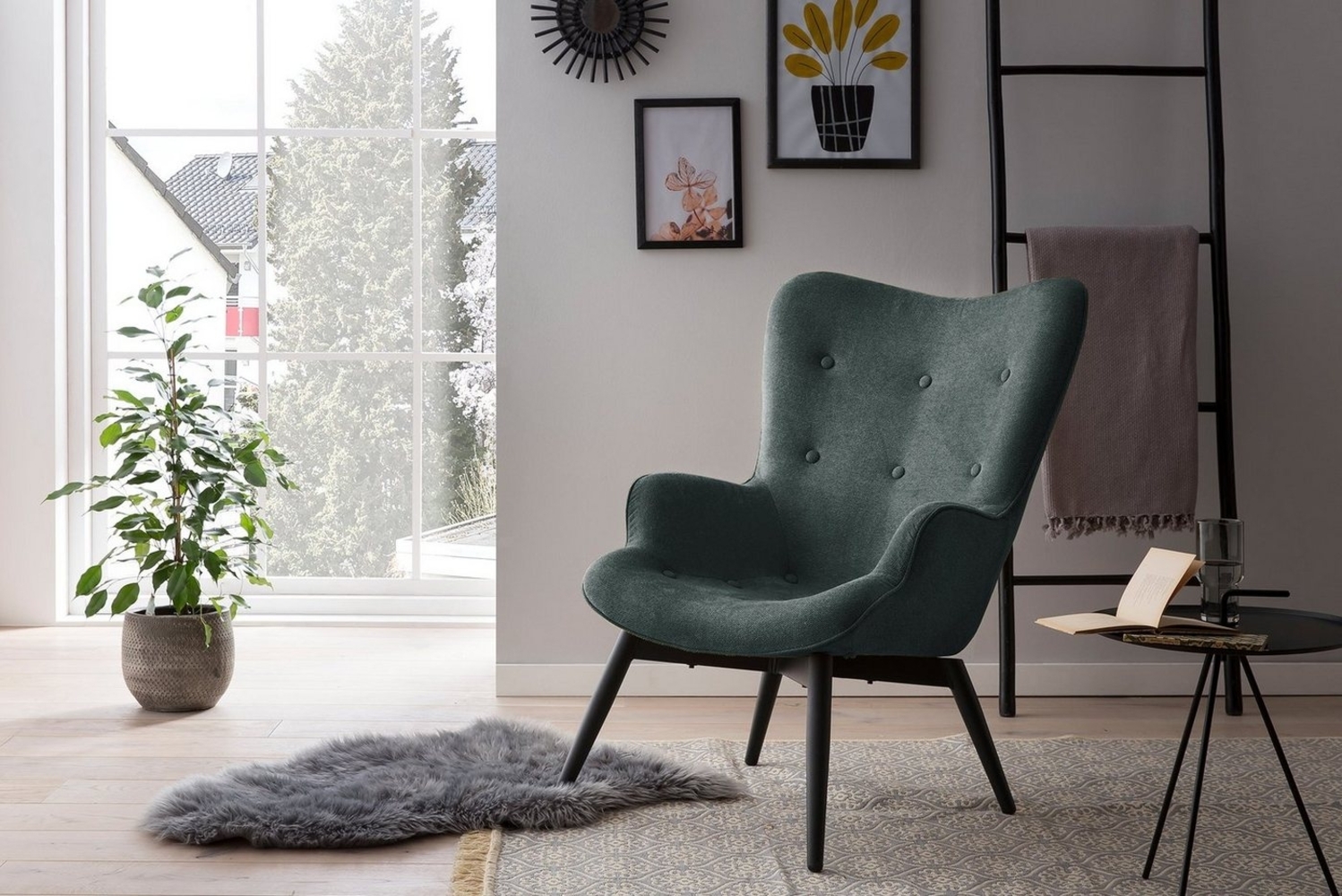 Sessel Metall und Stoff Tannengrün und Schwarz Bild 1