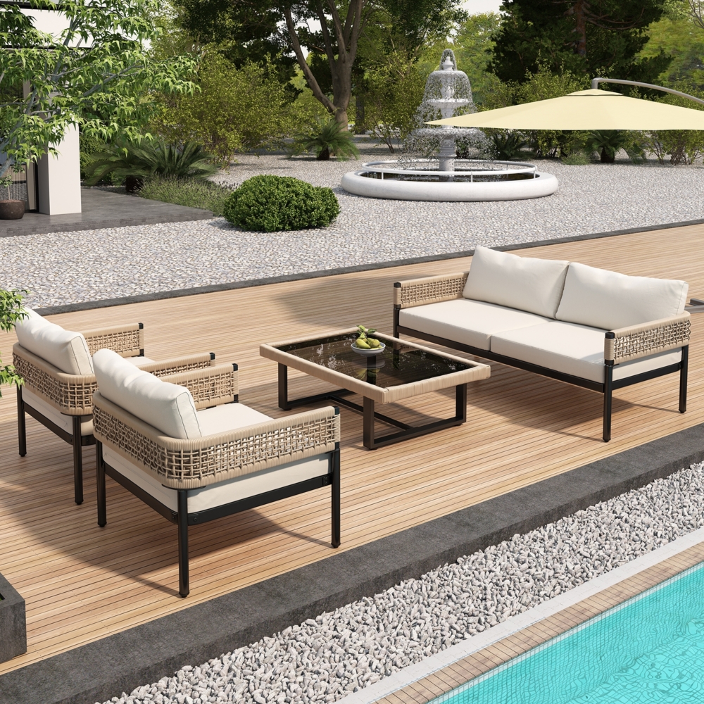 Merax Garten-Lounge-Set, Gartenmöbel-Set aus Seil, verstellbare Füße, glatte Glastischplatte, 4er-Set, inklusive aller Sitz- und Rückenkissen, beige Bild 1