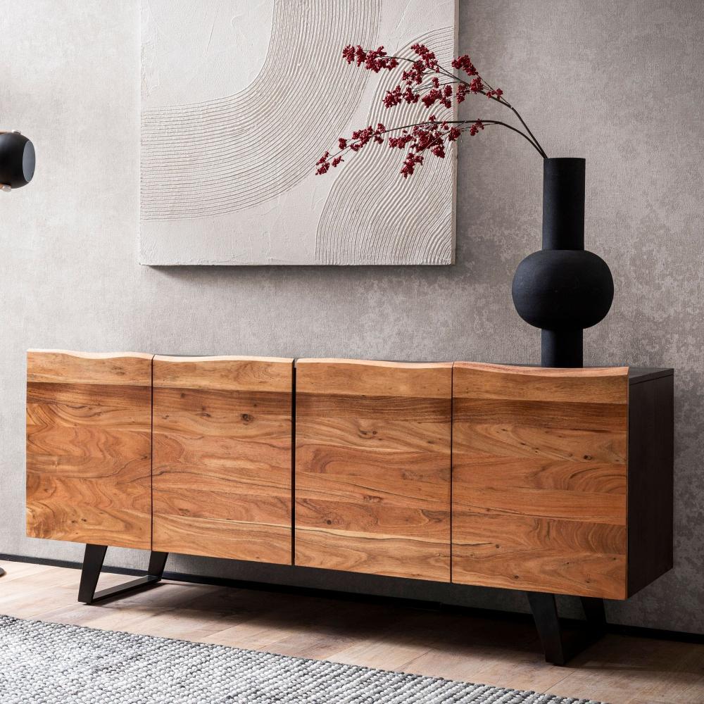 Sideboard Akazie Massivholz 180x75x45 cm Anrichte Schwarz mit Baumkante, Kommode mit Türen, Kommodenschrank Flurschrank Modern, Standschrank Wohnzimmer mit Metallbeine Bild 1