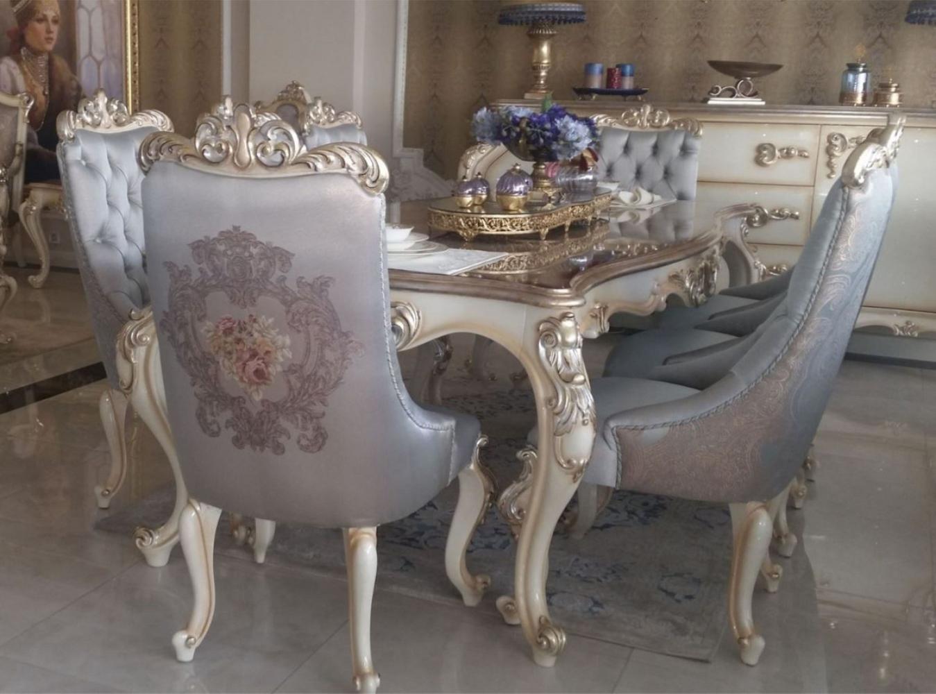 Casa Padrino Luxus Barock Esszimmerstuhl Set Silber / Creme / Gold - 6 Küchen Stühle im Barockstil - Barock Esszimmer Möbel Bild 1