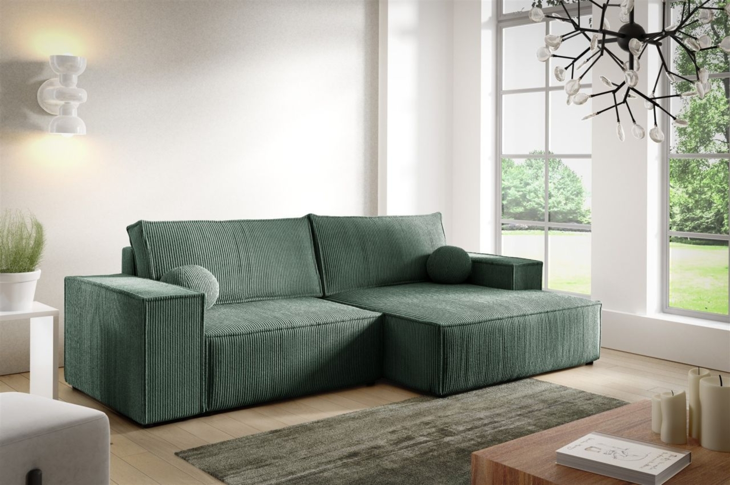 Ecksofa Schlafsofa CORUNIA XS Stoff Poso Grün Ottomane Rechts Bild 1